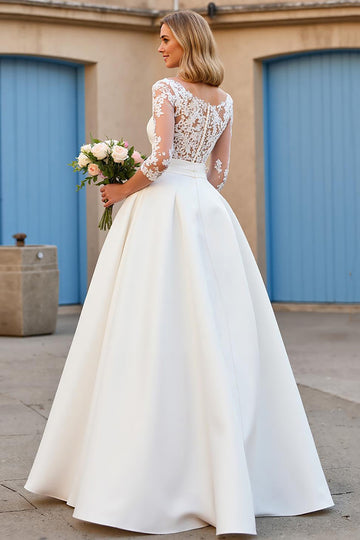 Satin A Line V-Neck Court Train Ivory Wedding Dress with Lace Appliques